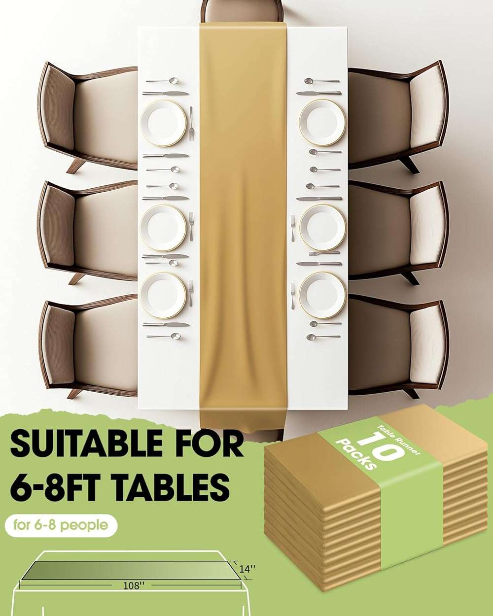Pureegg Gold Plastic Table Runners - 10 Pack, 14'' x 108'', Water Resistant & Disposable Centerpiece Decorations for Table Cloth, Wedding, Birthday, Holiday, Baby Shower, Party, Home Decor - Image 6