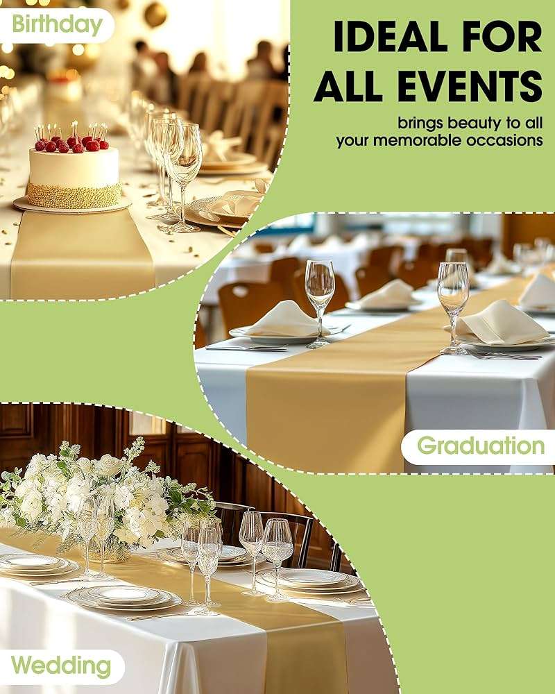 Pureegg Gold Plastic Table Runners - 10 Pack, 14'' x 108'', Water Resistant & Disposable Centerpiece Decorations for Table Cloth, Wedding, Birthday, Holiday, Baby Shower, Party, Home Decor - Image 7