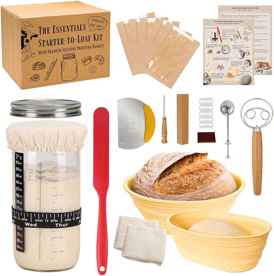 JoeCo Sourdough Starter Kit, Complete Starter-To-Loaf Set with Instructions, Sourdough Starter Jar, Silicone Proofing Baskets, Danish Dough Whisk, Dough Scraper, Bread Lame & Sourdough Baking Supplies - Image 1