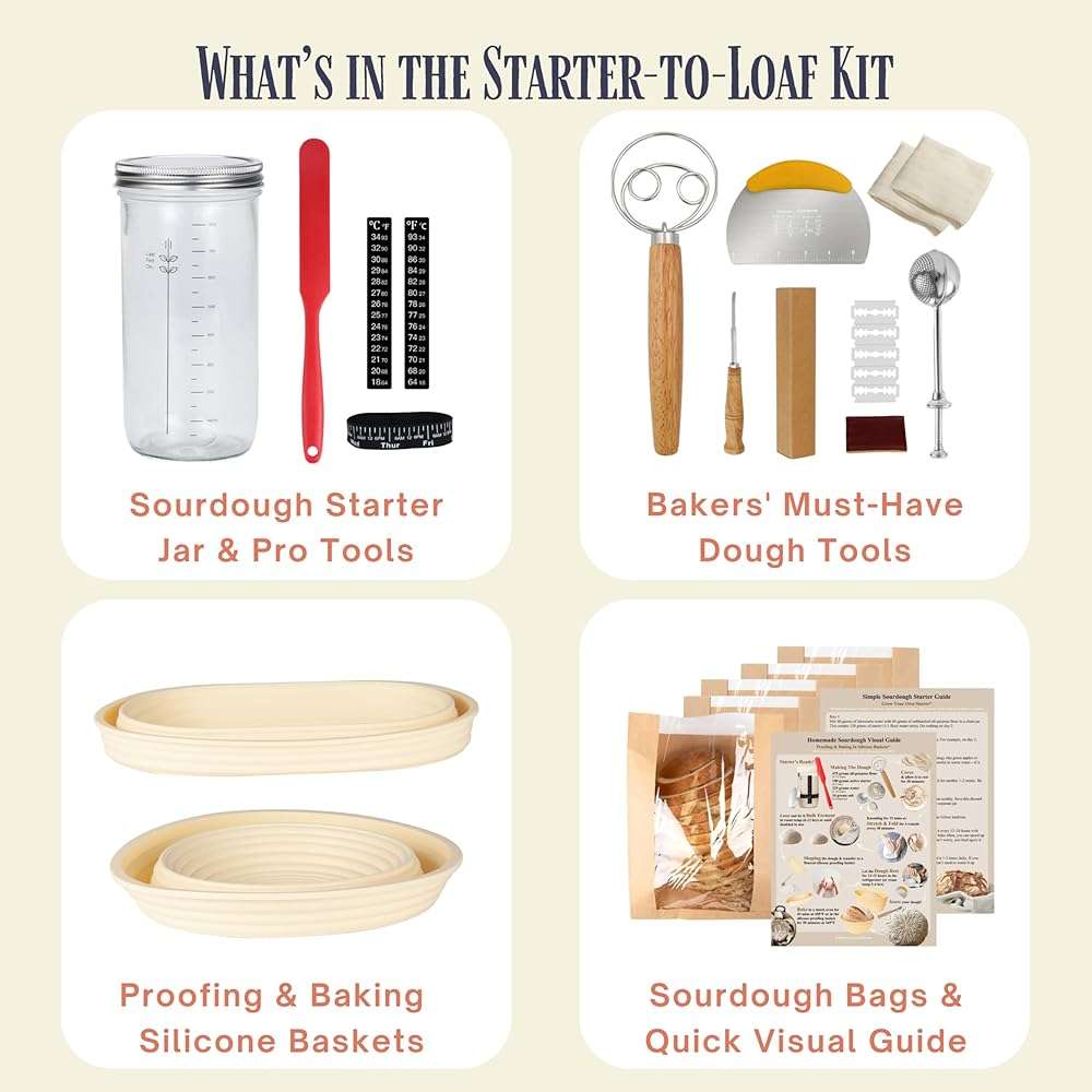 JoeCo Sourdough Starter Kit, Complete Starter-To-Loaf Set with Instructions, Sourdough Starter Jar, Silicone Proofing Baskets, Danish Dough Whisk, Dough Scraper, Bread Lame & Sourdough Baking Supplies - Image 2