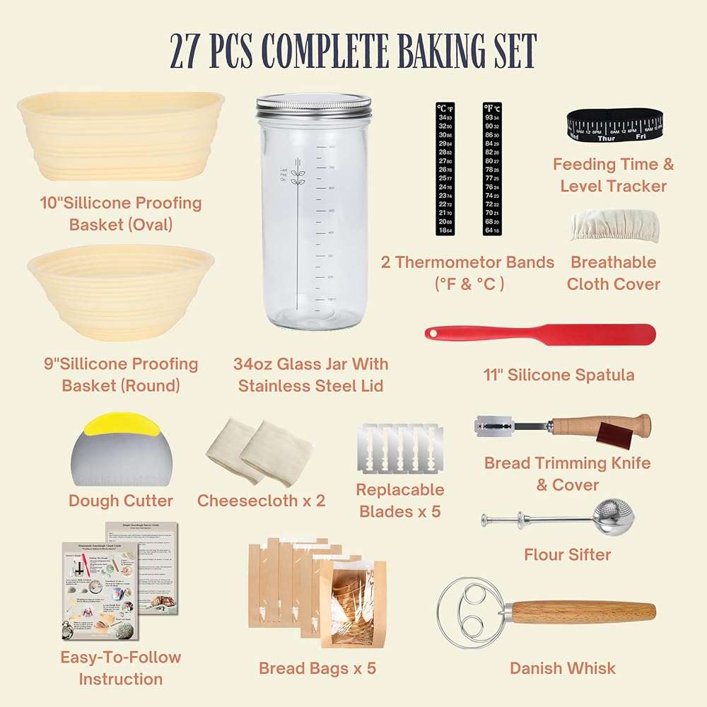 JoeCo Sourdough Starter Kit, Complete Starter-To-Loaf Set with Instructions, Sourdough Starter Jar, Silicone Proofing Baskets, Danish Dough Whisk, Dough Scraper, Bread Lame & Sourdough Baking Supplies - Image 3