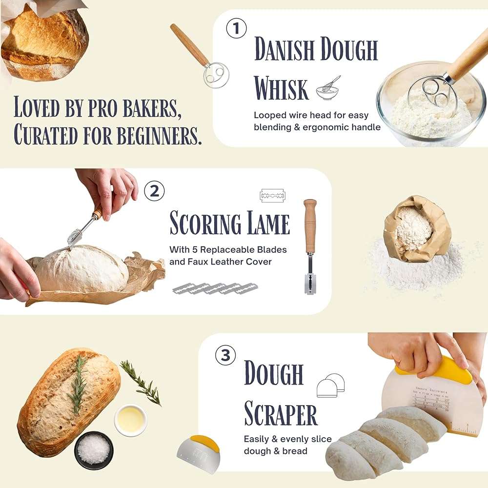 JoeCo Sourdough Starter Kit, Complete Starter-To-Loaf Set with Instructions, Sourdough Starter Jar, Silicone Proofing Baskets, Danish Dough Whisk, Dough Scraper, Bread Lame & Sourdough Baking Supplies - Image 6