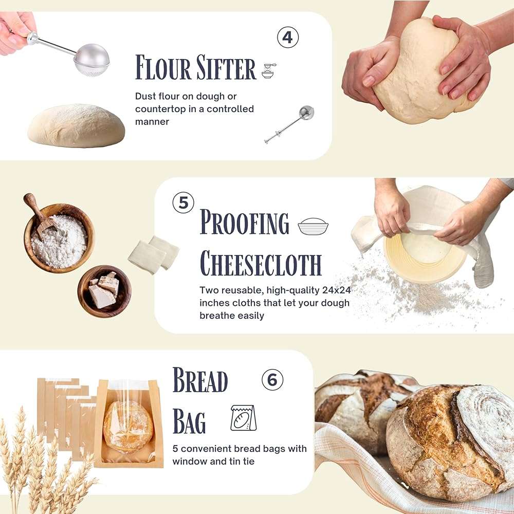 JoeCo Sourdough Starter Kit, Complete Starter-To-Loaf Set with Instructions, Sourdough Starter Jar, Silicone Proofing Baskets, Danish Dough Whisk, Dough Scraper, Bread Lame & Sourdough Baking Supplies - Image 7