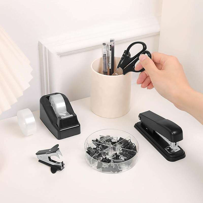 SKYDUE Black Office Supplies Set, Black Desk Accessories, Stapler, Tape Dispenser, Scissors, Binder/Paper Clips and 1000pcs Staples, Desk Supplies Set - Image 2