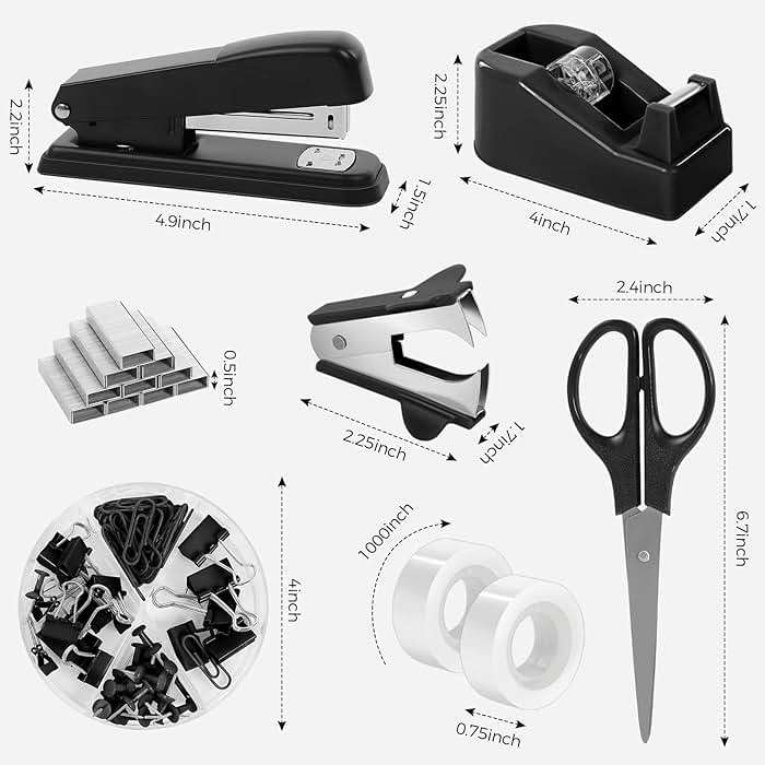 SKYDUE Black Office Supplies Set, Black Desk Accessories, Stapler, Tape Dispenser, Scissors, Binder/Paper Clips and 1000pcs Staples, Desk Supplies Set - Image 3