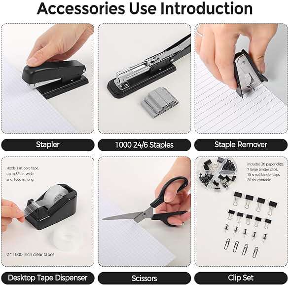 SKYDUE Black Office Supplies Set, Black Desk Accessories, Stapler, Tape Dispenser, Scissors, Binder/Paper Clips and 1000pcs Staples, Desk Supplies Set - Image 4