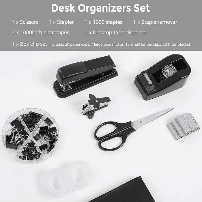 SKYDUE Black Office Supplies Set, Black Desk Accessories, Stapler, Tape Dispenser, Scissors, Binder/Paper Clips and 1000pcs Staples, Desk Supplies Set - Image 5