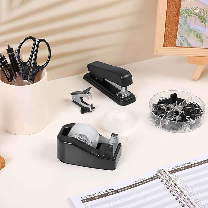 SKYDUE Black Office Supplies Set, Black Desk Accessories, Stapler, Tape Dispenser, Scissors, Binder/Paper Clips and 1000pcs Staples, Desk Supplies Set - Image 7