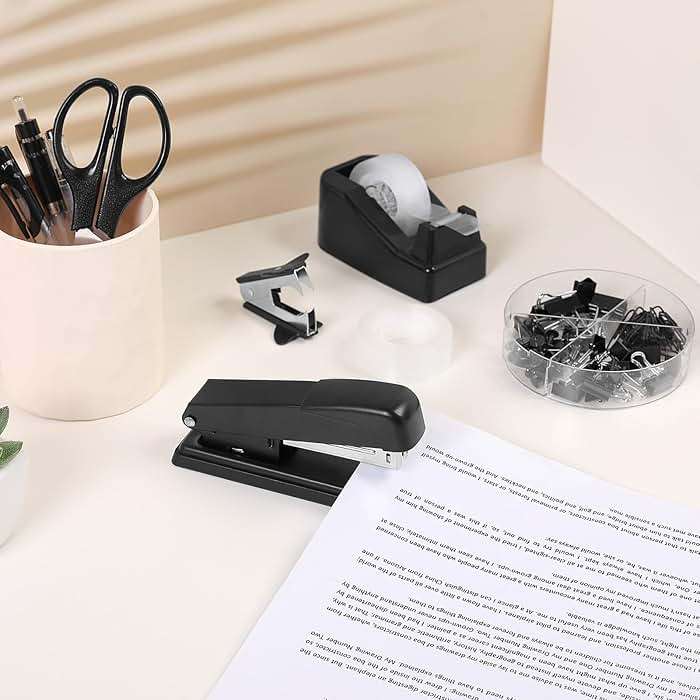 SKYDUE Black Office Supplies Set, Black Desk Accessories, Stapler, Tape Dispenser, Scissors, Binder/Paper Clips and 1000pcs Staples, Desk Supplies Set - Image 8