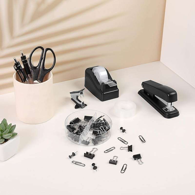 SKYDUE Black Office Supplies Set, Black Desk Accessories, Stapler, Tape Dispenser, Scissors, Binder/Paper Clips and 1000pcs Staples, Desk Supplies Set - Image 9