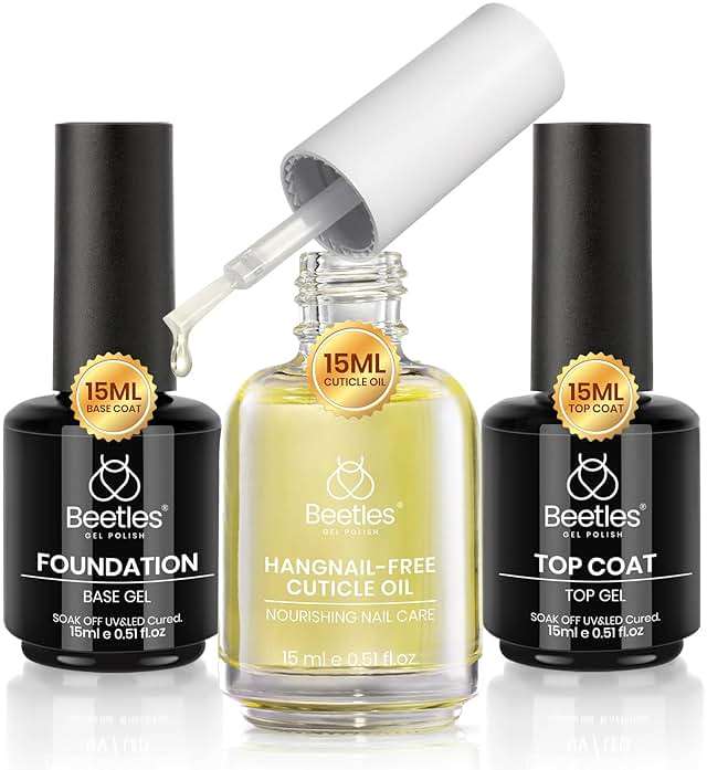 Beetles Gel Top Coat Base Coat Cuticle Oil Set, 3Pcs 15ml No Wipe Top Coat Gel Nail Polish Glossy Shine Long Lasting Cuticle Protectors Kit Oil Care for Dry Damaged Cuticles Gift for Women - Image 1