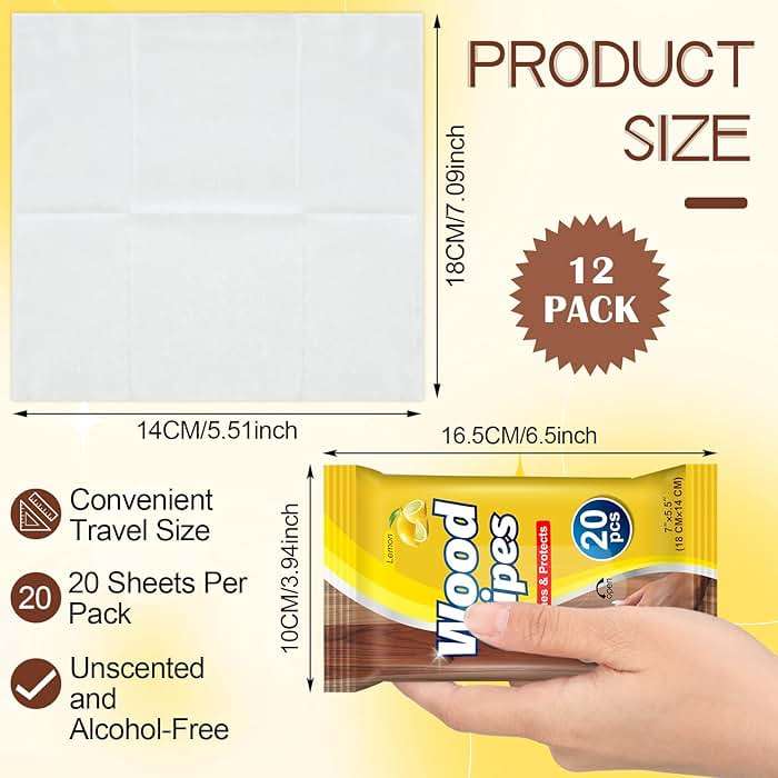 Heigble 12 Pcs Care Wood Surfaces Wipes 240 Count Furniture Polish Cleaner Shines and Protects Wipe Lemon Scent Floor Wipes for Kitchen Bathroom Furniture Wood Floors Cabinet Cleaning - Image 2