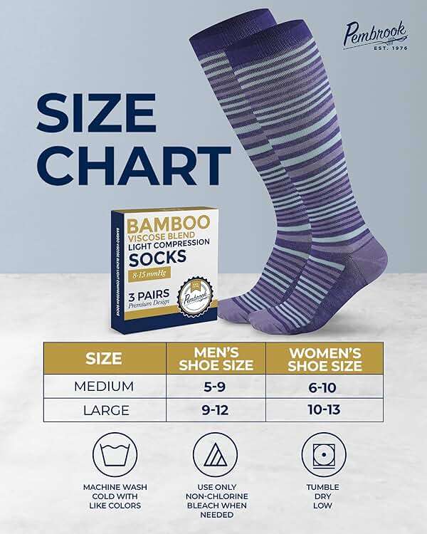 Pembrook Bamboo Viscose Light Compression Socks - 3 Pairs | 8-15 mmhg Compression Socks | Knee High Comfort Support Socks - Image 6