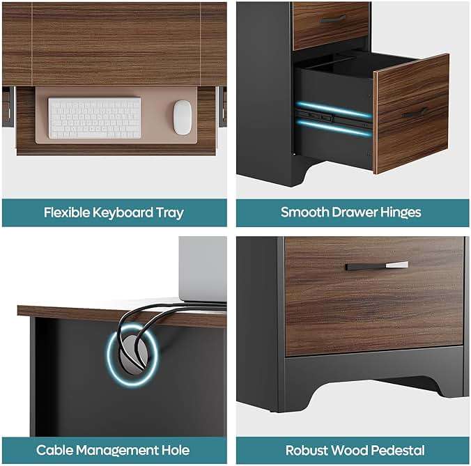 Bestier 59” Computer Desk with 4 Drawers, Office Desk with Storage, Industrial Executive Desk with File Drawer, Keyboard Tray & 2 Pedestals for Home Office & Studio, Cherry - Image 5