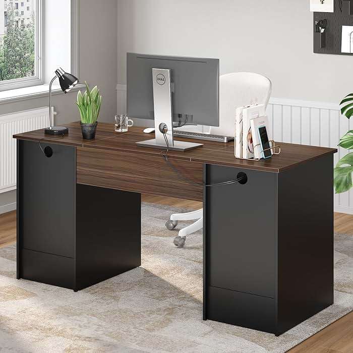 Bestier 59” Computer Desk with 4 Drawers, Office Desk with Storage, Industrial Executive Desk with File Drawer, Keyboard Tray & 2 Pedestals for Home Office & Studio, Cherry - Image 8