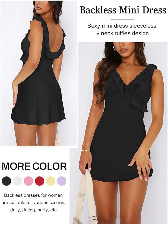 MIYIEONZ Women's Sexy V Neck Sleeveless Backless Ruffles Dress for Women Elegant Mesh Party Fitted Cocktail Mini Dresses - Image 2