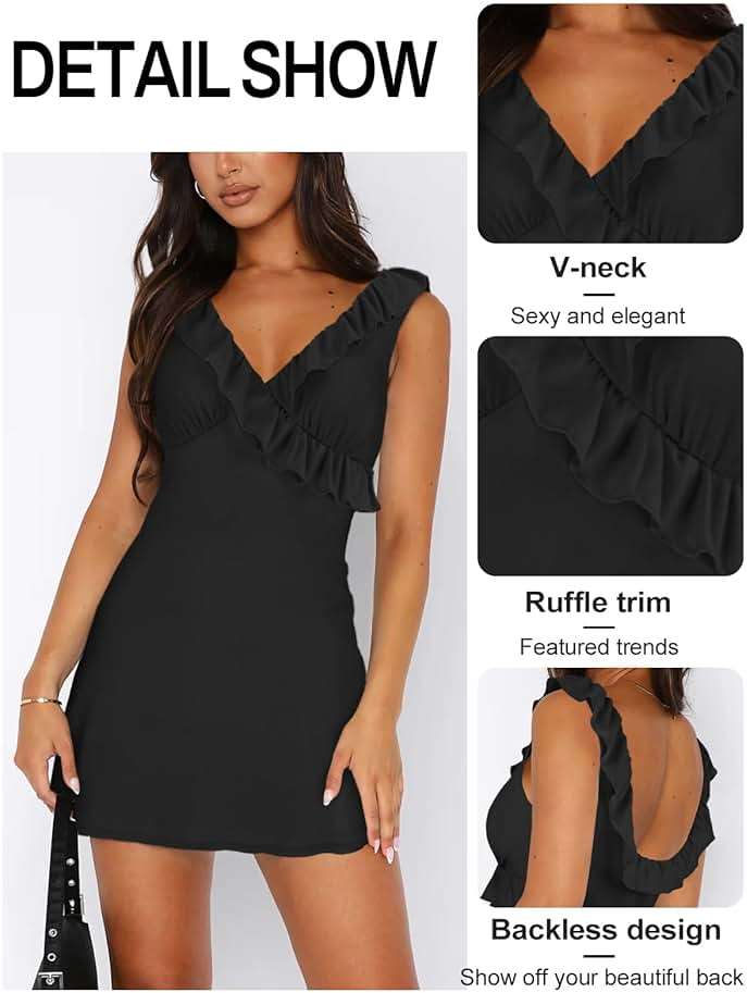 MIYIEONZ Women's Sexy V Neck Sleeveless Backless Ruffles Dress for Women Elegant Mesh Party Fitted Cocktail Mini Dresses - Image 3