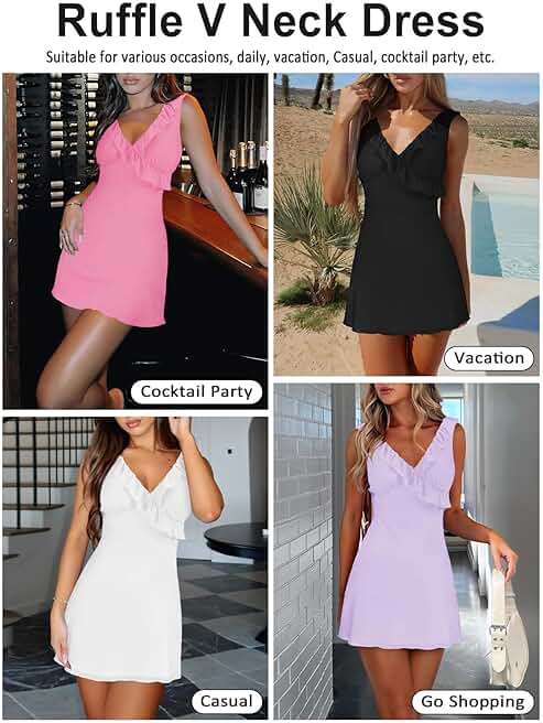 MIYIEONZ Women's Sexy V Neck Sleeveless Backless Ruffles Dress for Women Elegant Mesh Party Fitted Cocktail Mini Dresses - Image 5