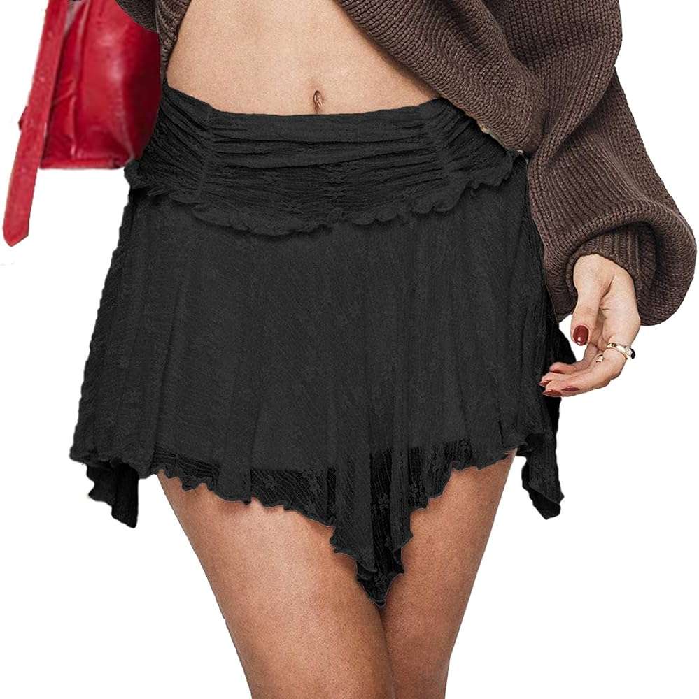 ICNGLKSND Women Y2K Lace Layer Skirt Asymmetrical Ruffle Mini Skirt Smocked See Through Flowy Summer Streetwear - Image 6
