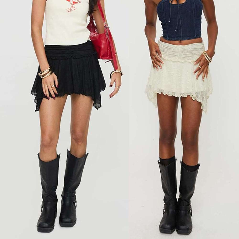 ICNGLKSND Women Y2K Lace Layer Skirt Asymmetrical Ruffle Mini Skirt Smocked See Through Flowy Summer Streetwear - Image 7