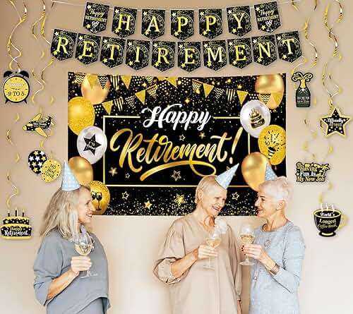 Happy Retirement Party Decorations for Men Women, Black and Gold Happy Retirement Banner, 71x43 Inch Retired Backdrop, 8pcs Hanging Swirls, Farewell Party Supplies - Image 2