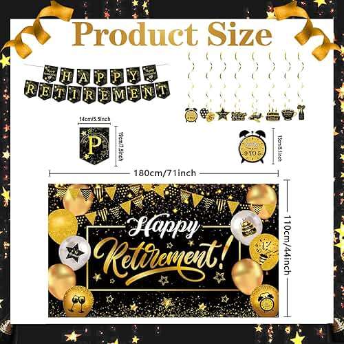 Happy Retirement Party Decorations for Men Women, Black and Gold Happy Retirement Banner, 71x43 Inch Retired Backdrop, 8pcs Hanging Swirls, Farewell Party Supplies - Image 3