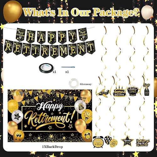 Happy Retirement Party Decorations for Men Women, Black and Gold Happy Retirement Banner, 71x43 Inch Retired Backdrop, 8pcs Hanging Swirls, Farewell Party Supplies - Image 6