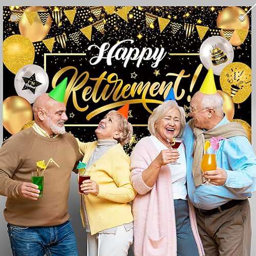 Happy Retirement Party Decorations for Men Women, Black and Gold Happy Retirement Banner, 71x43 Inch Retired Backdrop, 8pcs Hanging Swirls, Farewell Party Supplies - Image 7