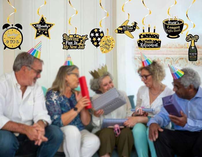 Happy Retirement Party Decorations for Men Women, Black and Gold Happy Retirement Banner, 71x43 Inch Retired Backdrop, 8pcs Hanging Swirls, Farewell Party Supplies - Image 8