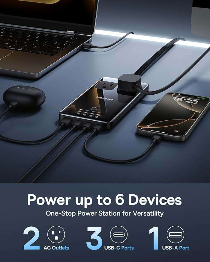 Baseus Blade Charging Station 140W, 6-in-1 Compact USB C Power Strip with 5ft Detachable Flat Extension Cord, Digital Display, Slim Fast Desktop Charger for Work and Travel (Not a Portable Battery) - Image 2