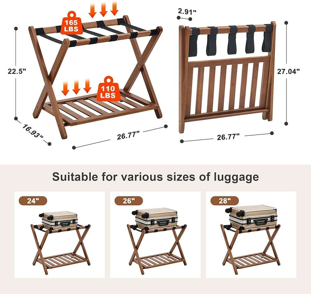 oakvivo Fully Assembled Walnut Luggage Racks Set of 2, Bamboo Luggage Rack Stand for Guest Room, 5 Nylon Straps, 26.77" Folding Suitcase Stand with Storage Shelf for Bedroom Hotel, Holds up to 165 Lbs - Image 2