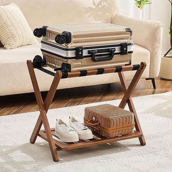 oakvivo Fully Assembled Walnut Luggage Racks Set of 2, Bamboo Luggage Rack Stand for Guest Room, 5 Nylon Straps, 26.77" Folding Suitcase Stand with Storage Shelf for Bedroom Hotel, Holds up to 165 Lbs - Image 3