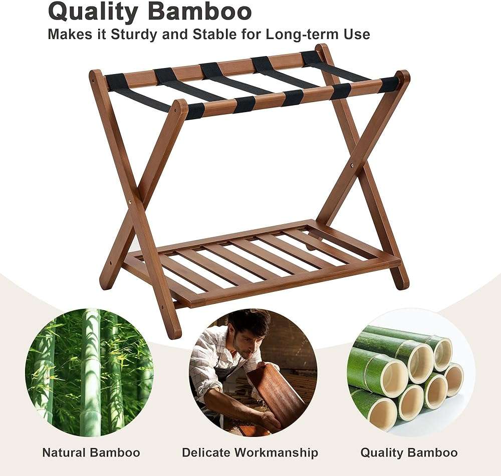 oakvivo Fully Assembled Walnut Luggage Racks Set of 2, Bamboo Luggage Rack Stand for Guest Room, 5 Nylon Straps, 26.77" Folding Suitcase Stand with Storage Shelf for Bedroom Hotel, Holds up to 165 Lbs - Image 4