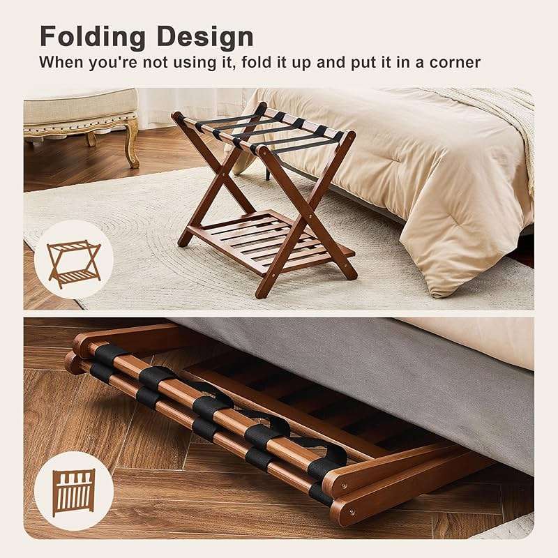 oakvivo Fully Assembled Walnut Luggage Racks Set of 2, Bamboo Luggage Rack Stand for Guest Room, 5 Nylon Straps, 26.77" Folding Suitcase Stand with Storage Shelf for Bedroom Hotel, Holds up to 165 Lbs - Image 5