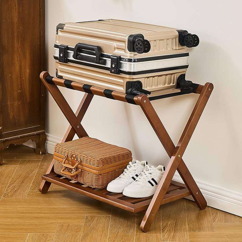 oakvivo Fully Assembled Walnut Luggage Racks Set of 2, Bamboo Luggage Rack Stand for Guest Room, 5 Nylon Straps, 26.77" Folding Suitcase Stand with Storage Shelf for Bedroom Hotel, Holds up to 165 Lbs - Image 6
