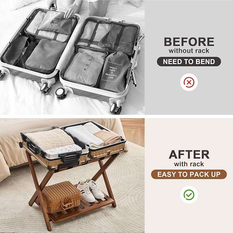 oakvivo Fully Assembled Walnut Luggage Racks Set of 2, Bamboo Luggage Rack Stand for Guest Room, 5 Nylon Straps, 26.77" Folding Suitcase Stand with Storage Shelf for Bedroom Hotel, Holds up to 165 Lbs - Image 7