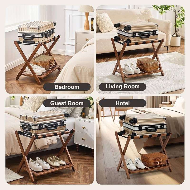 oakvivo Fully Assembled Walnut Luggage Racks Set of 2, Bamboo Luggage Rack Stand for Guest Room, 5 Nylon Straps, 26.77" Folding Suitcase Stand with Storage Shelf for Bedroom Hotel, Holds up to 165 Lbs - Image 8
