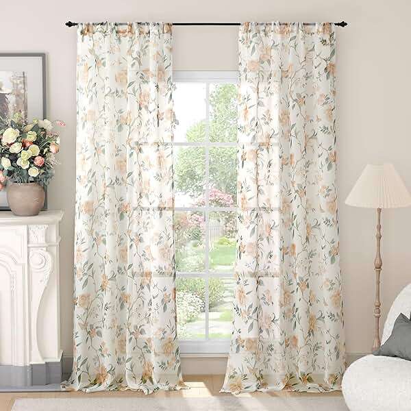 Lajode Floral Sheer Curtains for Living Room Window, Country Patterned Light Filtering Airy Farmhouse Semi Sheer Faux Linen Curtains for Bedroom 84 Inch Length 2 Panels Each 52 Inch Wide, Champagne - Image 1