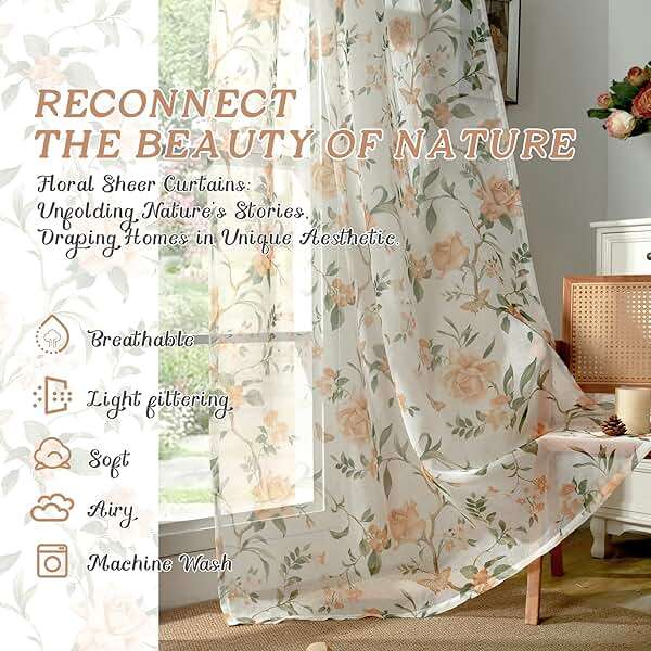 Lajode Floral Sheer Curtains for Living Room Window, Country Patterned Light Filtering Airy Farmhouse Semi Sheer Faux Linen Curtains for Bedroom 84 Inch Length 2 Panels Each 52 Inch Wide, Champagne - Image 2