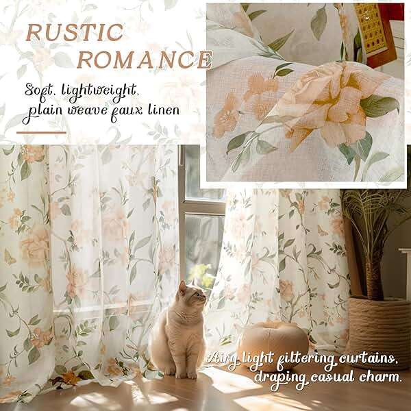 Lajode Floral Sheer Curtains for Living Room Window, Country Patterned Light Filtering Airy Farmhouse Semi Sheer Faux Linen Curtains for Bedroom 84 Inch Length 2 Panels Each 52 Inch Wide, Champagne - Image 4