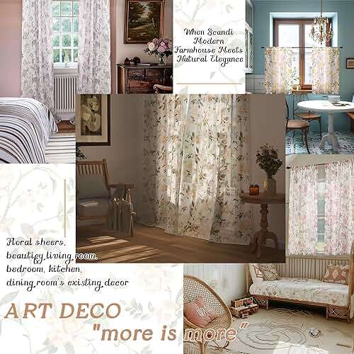 Lajode Floral Sheer Curtains for Living Room Window, Country Patterned Light Filtering Airy Farmhouse Semi Sheer Faux Linen Curtains for Bedroom 84 Inch Length 2 Panels Each 52 Inch Wide, Champagne - Image 5