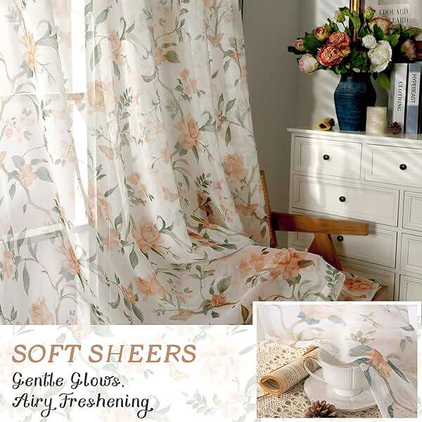 Lajode Floral Sheer Curtains for Living Room Window, Country Patterned Light Filtering Airy Farmhouse Semi Sheer Faux Linen Curtains for Bedroom 84 Inch Length 2 Panels Each 52 Inch Wide, Champagne - Image 6