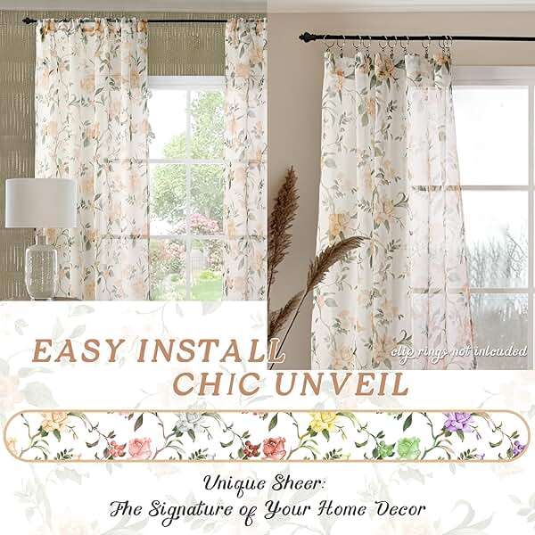 Lajode Floral Sheer Curtains for Living Room Window, Country Patterned Light Filtering Airy Farmhouse Semi Sheer Faux Linen Curtains for Bedroom 84 Inch Length 2 Panels Each 52 Inch Wide, Champagne - Image 7