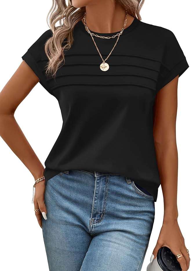 WEESO Womens Summer Tops Trendy 2026 Cap Sleeve T Shirts Crew Neck Pleated Front Beach Vacation Clothes Fashion - Image 5