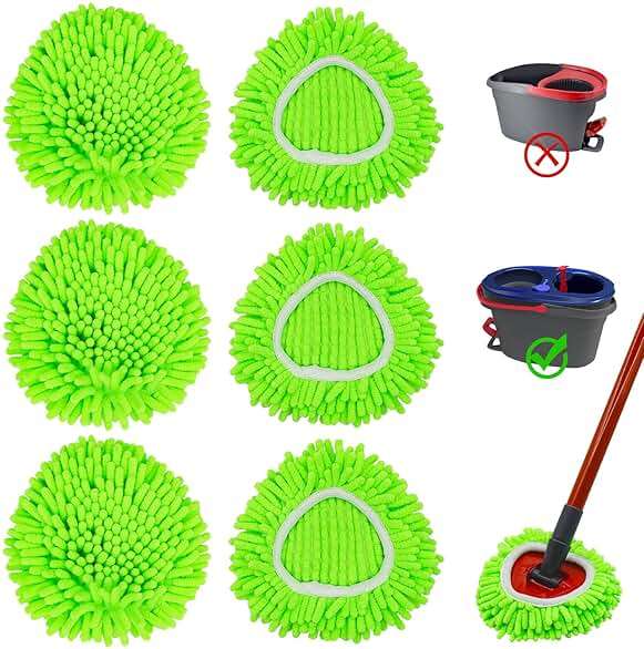6 Pack Mop Replace Heads Mop Heads Replacements for O-Cedar RinseClean 2-Tank Spin Mop System,Chenille&Microfiber Mop Head Refills for Multi-Surface Floor Dry/Wet Use,Reusable and Washable,Green - Image 1