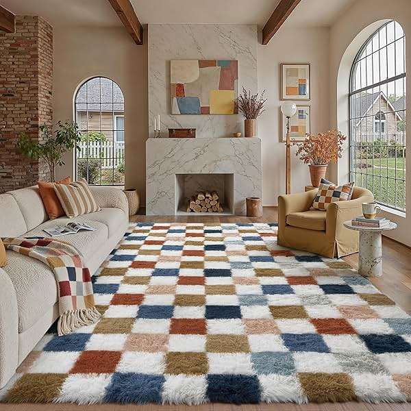 PureCozy Checkered Rug 8x10 for Living Room, Modern Rainbow Shag Rug Washable Non-Slip Large Area Rug Super Soft Indoor Fuzzy Carpet Fluffy Rugs for Bedroom Home Aesthetic Decor - Image 1