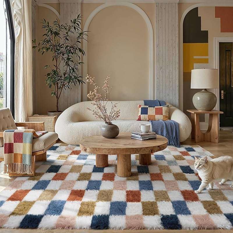 PureCozy Checkered Rug 8x10 for Living Room, Modern Rainbow Shag Rug Washable Non-Slip Large Area Rug Super Soft Indoor Fuzzy Carpet Fluffy Rugs for Bedroom Home Aesthetic Decor - Image 4