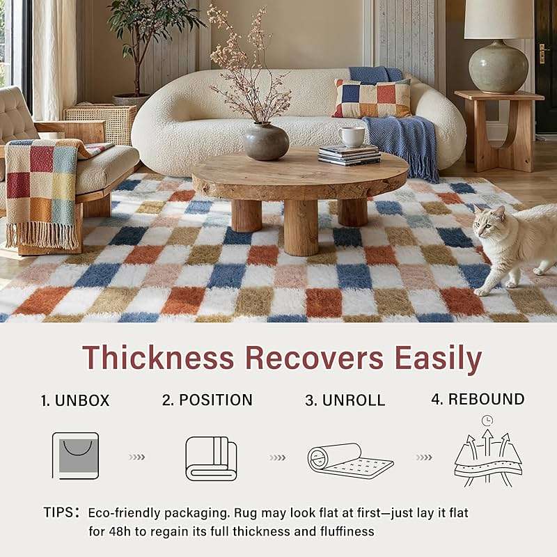 PureCozy Checkered Rug 8x10 for Living Room, Modern Rainbow Shag Rug Washable Non-Slip Large Area Rug Super Soft Indoor Fuzzy Carpet Fluffy Rugs for Bedroom Home Aesthetic Decor - Image 6