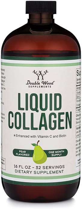 Double Wood Supplements Premium Liquid Collagen - 2500mg of Hydrolyzed Bovine Collagen (Type 1, 3 and Grassfed) - 32 Servings - for Women and Men - 30 mcg of Biotin - Sugar Free Pear Flavor - Image 1