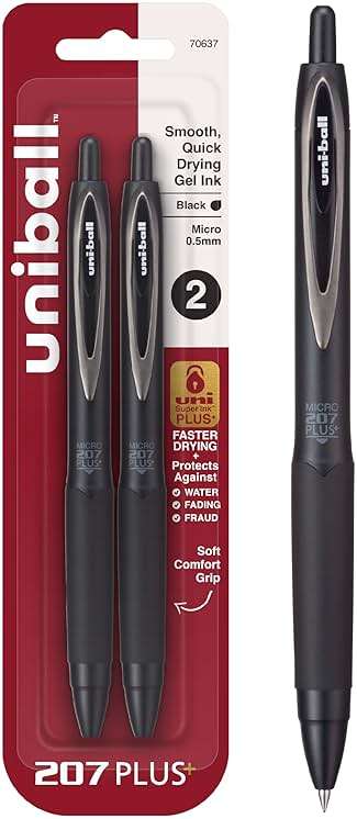 Uni-Ball 207+ Black Retractable Gel Pens 2 Pack with Micro 0.5mm Points, Fraud Proof Office, Nursing, Business, School, Bible Pens - Image 1
